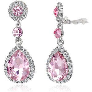 Womens Crystal Teardrop Clip On Dangle Earrings Bridal Wedding Prom Silver
